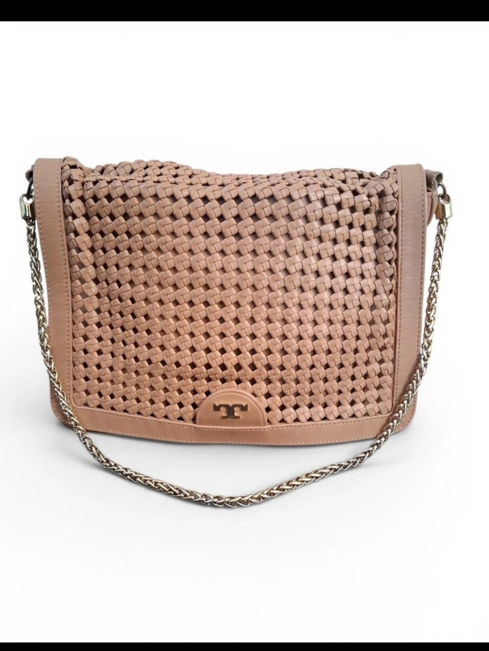 Tory Burch Erica Weave Flap Shoulder Bag Mousse w Chain $595+